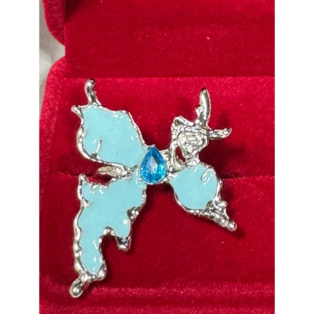 Silver Tone Blue Enamel Butterfly Statement Ring Pear Cut Blue‎ Crystal Accent
